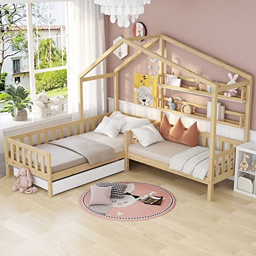 Merax Lettino Per Bambini 90x200 Cm In Legno Massello Con Testiera Libreria | Struttura Con Rete A Doghe, Colori Naturale E Bianco, Senza Materasso