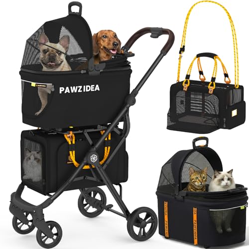 PAWZIDEA Double Pet Stroller with 2 Detachable Carrier