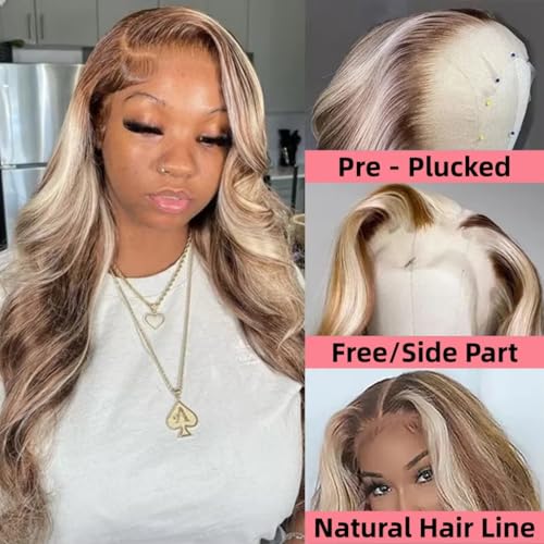 Image of 20 Inch 4 /613 Highlight Lace Front Wigs Human Hair 13x4 HD Transparent Brown Blonde Body Wave Lace Front Wigs Human Hair Pre Plucked Glueless Lace Frontal Wigs for Women