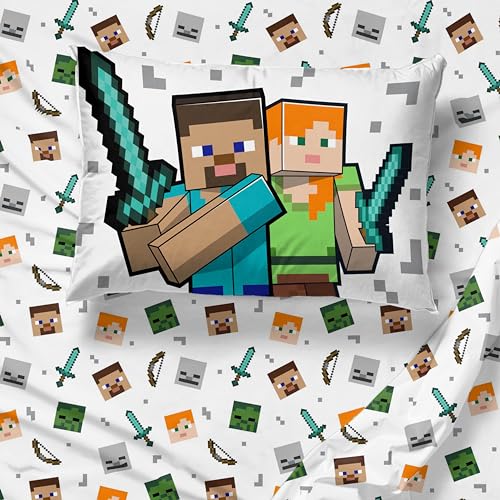 Image of Jay Franco Minecraft Full Comforter Set - 7 Piece Bedding Includes Sheet Set & Pillow Covers - Super Soft Kids Bedding Creeper & Zombie