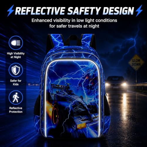 Image of 3Pcs Race Car Backpack, Boys Lightning Kids Bookbag with Lunch Box, 17 inch School Backpacks for Elementary Preschool Kindergarten (Blue)