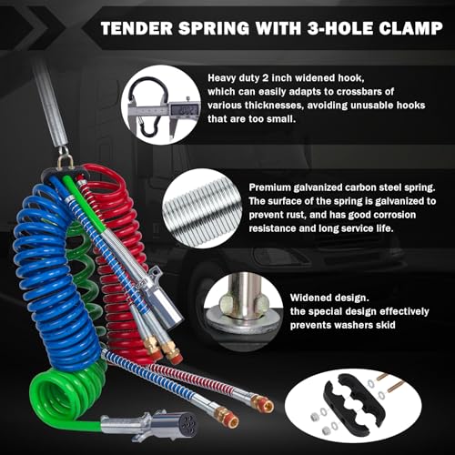 Image of CheeMuii 15 FT Coiled Semi Truck Air Lines Kit with Tender Spring Kit and Gladhands with Handles & Holder 3-in-1 Air Brake Hoses & 7 Way Trailer Cord for Semi Truck Trailer Tractor