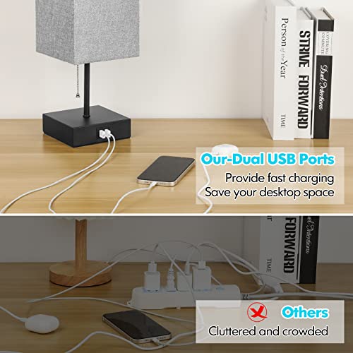 Table Lamps Set Of 2 With Usb Charging Ports, Bedside Lamps, Nightstand Lamps With Pull Chain Switch, Minimalist Modern Desk Lamps With Grey Fabric Shade For Living Room Bedroom Home Office #TOP4