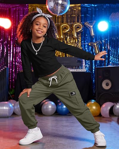 Image of Betusline Girls Fall Winter Clothing Sets, Long Sleeve Crop Top & Cargo Jogger Pants 2 Piece Outfit Sets,4T-14Y