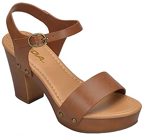 Soda Women's Bold Buckles Studded Wedge Sandal,Tan Pu,7.5