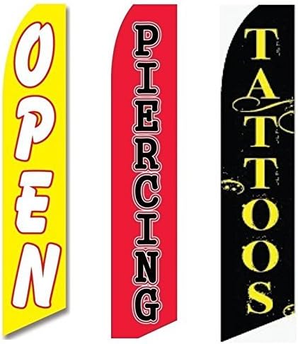 3 Swooper Flags Piercing & Tattoo Services Publicidad abierta Bienvenida