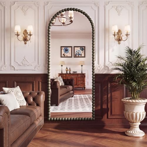 Image of Vintage Full Length Mirror with Stand, 71x28 Inch Arched Beaded Full Body Mirrors, Large Floor Mirror Standing Mirror Full Length Wall Mounted Decor for Bedroom Living Room Cloakroom, PU Frame, Bronze