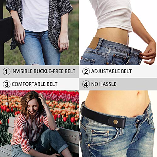 Whippy 3 Pieces Buckle Free Adjustable Women Belt, No Buckle Invisible Elastic Belts For Jeans Pants (Black Beige, Fit Pants Size 22-36 Inches) #TOP5