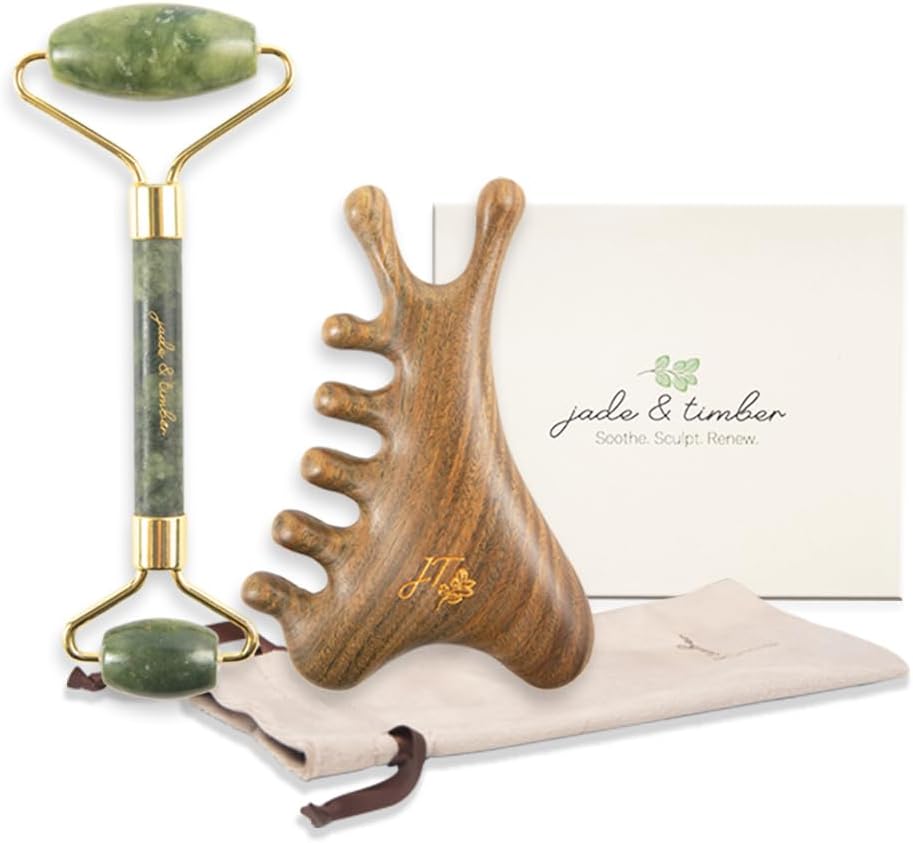 jade & timber Jade Roller & Green Sandalwood Gua Sha Set – Facial & Body Massage Tools for Lymphatic Drainage & Sculpting – Self Care Gift