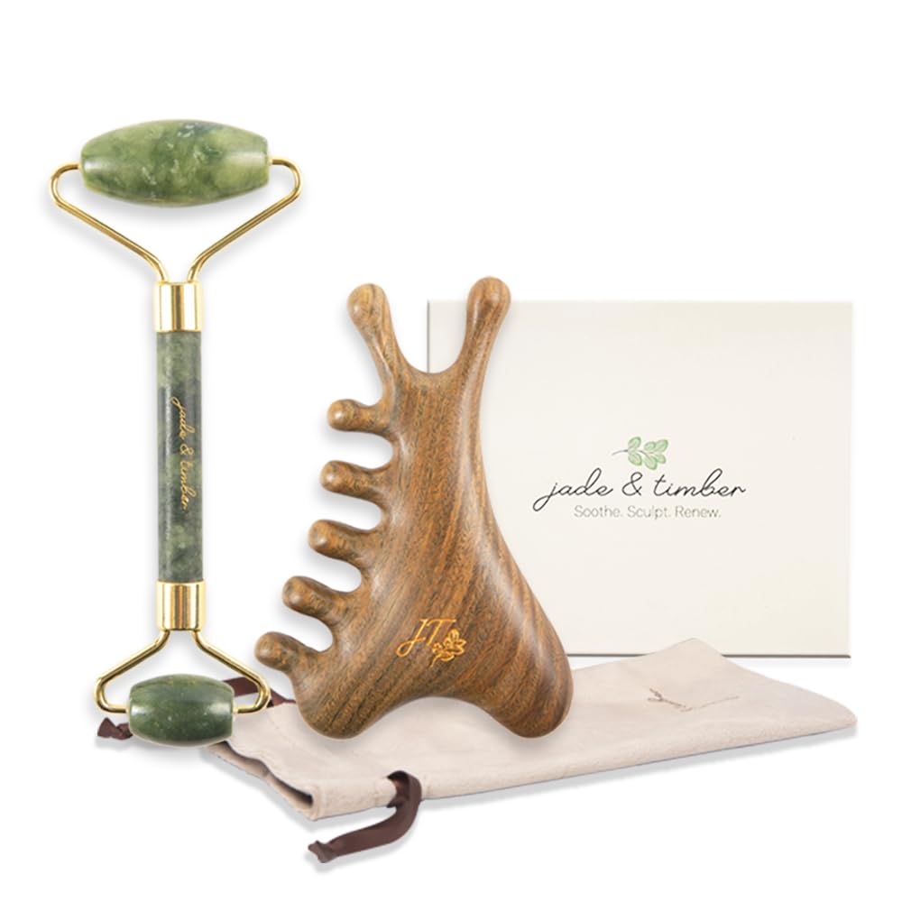 jade & timber Jade Roller & Green Sandalwood Gua Sha Set – Facial & Body Massage Tools for Lymphatic Drainage & Sculpting - Self Care Gift