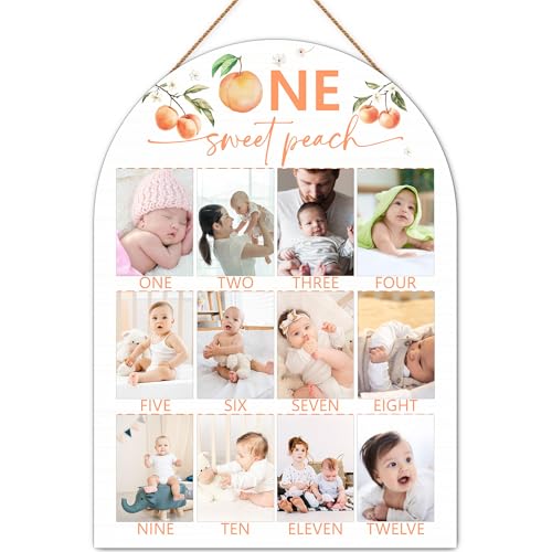 Peach My First Year Photo Board One Sweet Peach Birthday Decoration Photo Frame 12 Monthly Baby Milestone Wooden Sign Pink Nursery Decor for Girl Boy Gender Neutral Baby Keepsake Gifts-A06