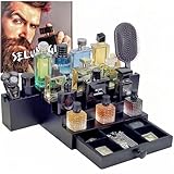 Wooden Cologne Organizer for Men 4 Tier Black | High Grade Velvet Lining and Stylish Gift Box | Side Compartment | Space Aid Cologne Holder | Perfume Display Stand | Dresser Countertop Decor | SELUM