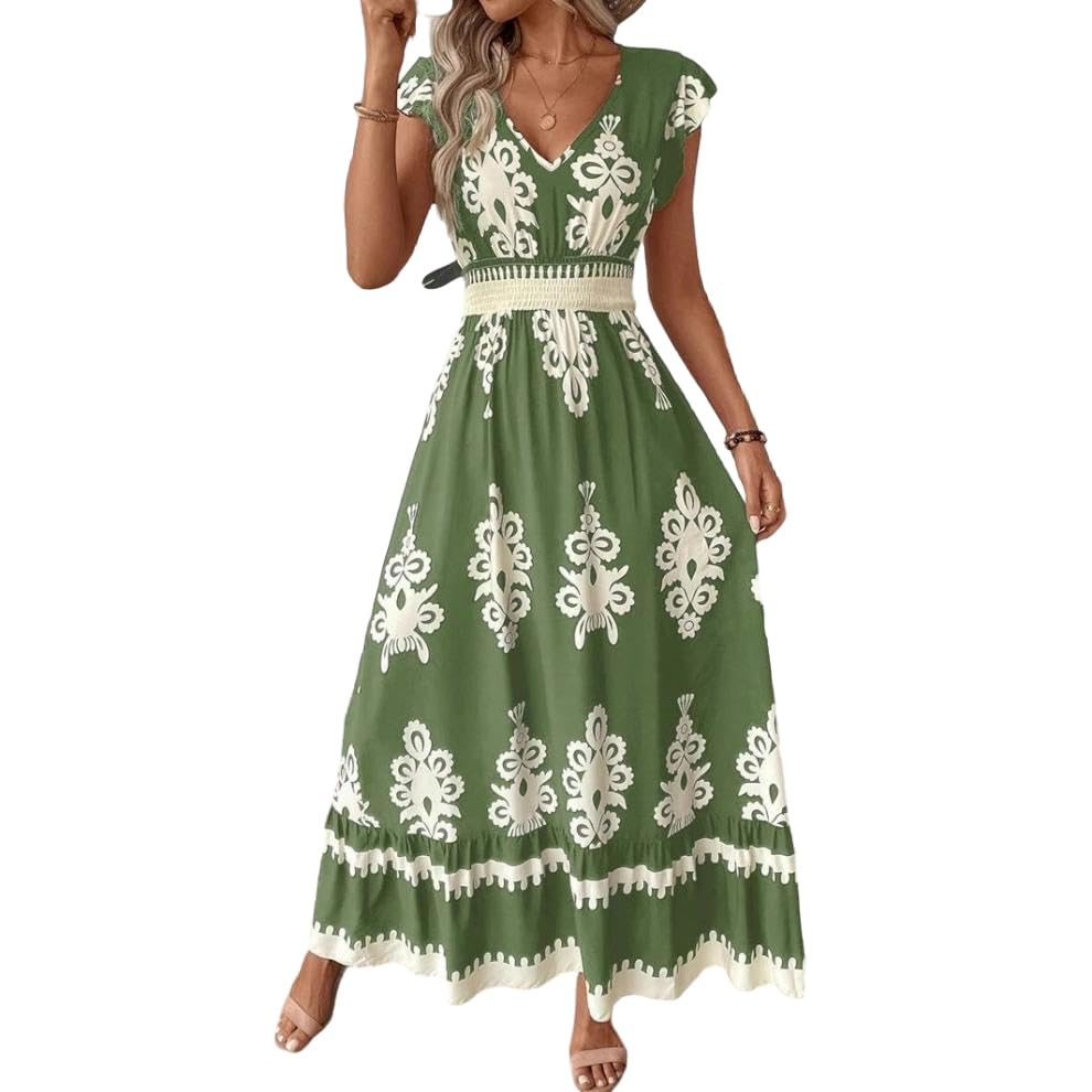 Image of PerZeal Women's 2026 Summer Short Sleeves Dresses Boho Floral Print Tiered Casual Flowy Long Maxi Dress