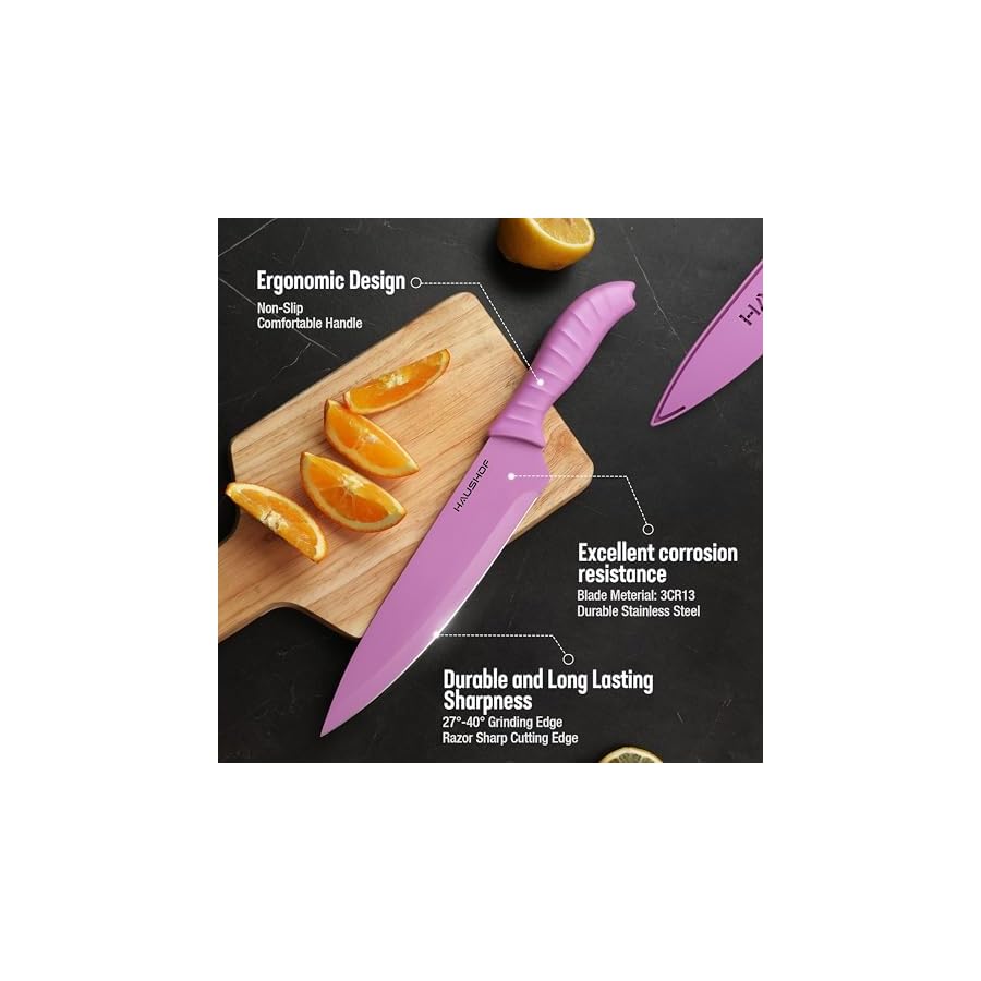 HAUSHOF Kitchen Knife Set, 12-Piece Colorful Knives Set with 6 Sheaths for Kitchen, Non-Stick Coated Stainless Steel Blades for Slicing, Dicing&Cutting, Gifts Knife Set for Dad, Mom, Husband and Wife