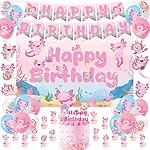 Axolotl Birthday Decorations Supplies, 44PCS Pink Axolotl Happy Birthday Decor Set for Girls, Includes Backdrop Banner Cupcake Topper Cake Topper Hanging Swirls Balloons