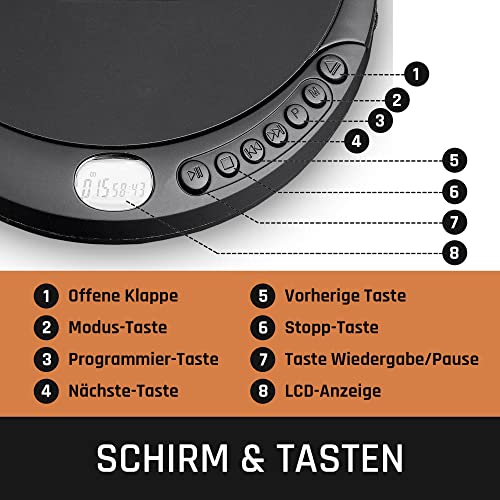 Lenco CD-Player CD-200 Discman mit LCD-Display - Batterie- und Netzfunktion - Hörbuchfunktion - Inklusive Stereo-Kopfhörer, H USB-Ladekabel Schwarz, mit Anti-Schock