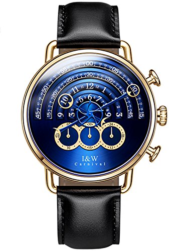 Luxury Men's Big Dial Chronograph Sapphire Glass Waterproof Quartz Black Leather Gold Watches (Gold case & Blue dial & Black Strap)