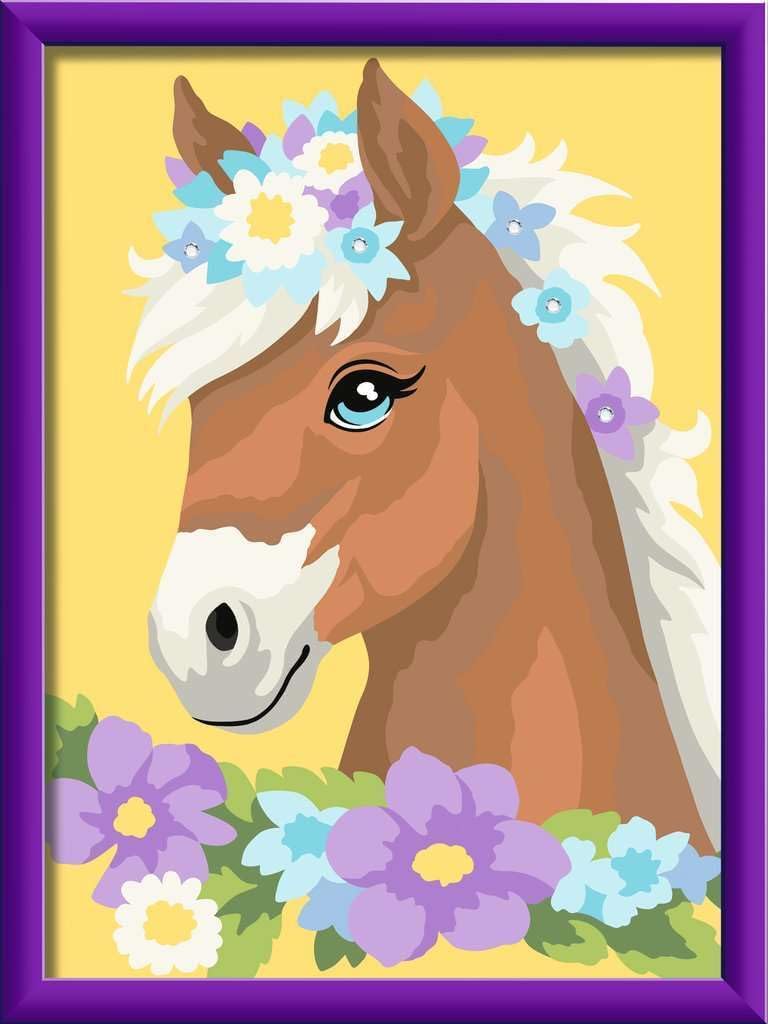 Ravensburger CreArt 23999 Horse with Flowers, Painting by Numbers from 9 Years, Painting Set with Frame, Brush and Acrylic Paints, Gift for Girls and Boys, with Glitter and Stickers