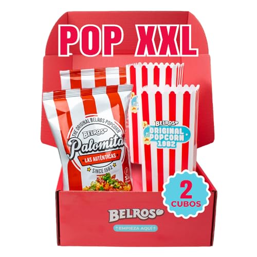 BELROS Kit Palomitero. Palomitas Maíz Dulces y 2 Cubos Reutilizables Color Rojo. Especial para Compartir. Aperitivo. Disfruta con tu Pareja, Amigos. Perfecto Regalo San Valentin, Navidad, Cumpleaños