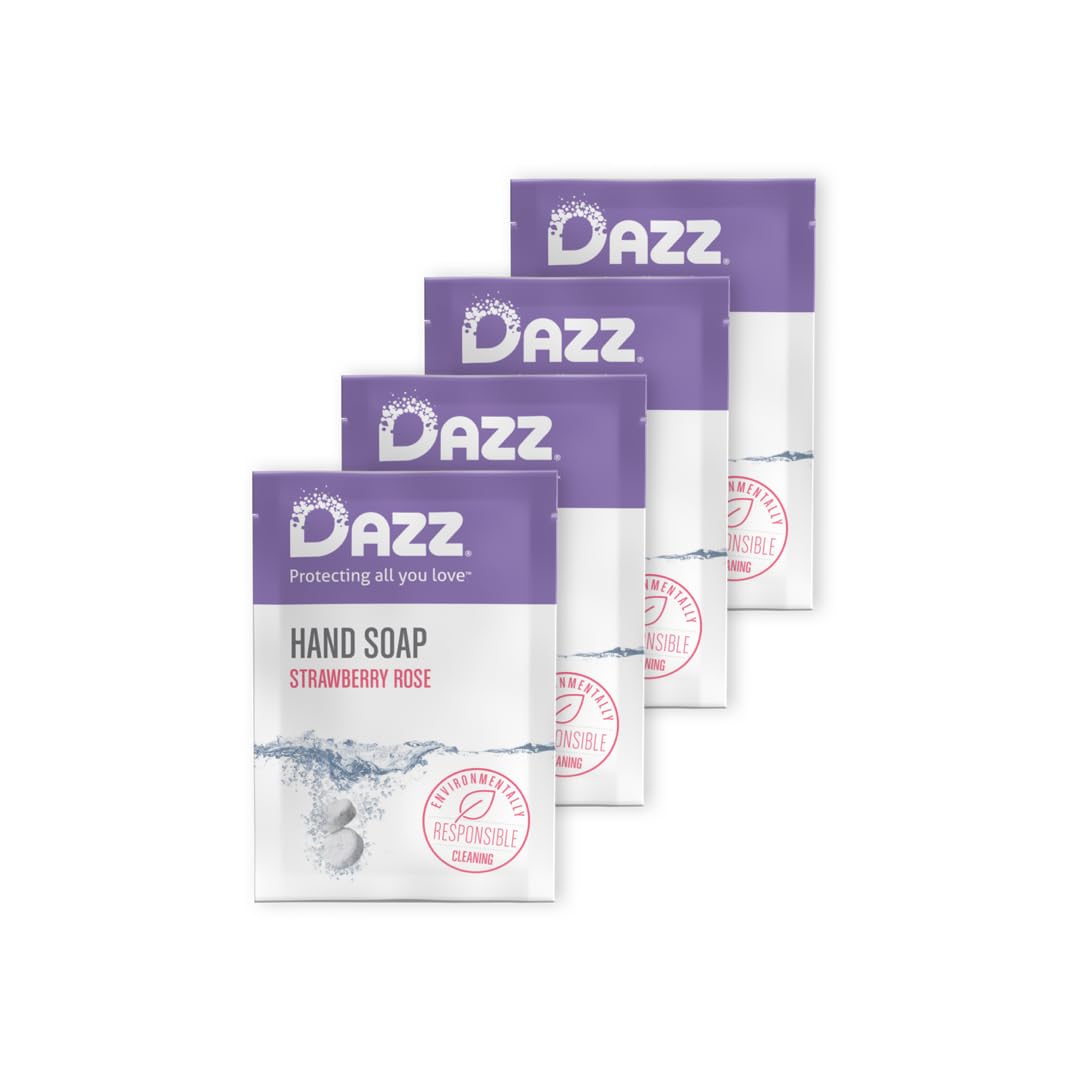 DazzFoaming Hand Soap Refill Pack (4 Refill Tablet Packets) Hand Soap Refill, Naturally Safe & Non Toxic, Rich Lather Hand Wash, Strawberry Rose Scent (Foaming Pump Dispenser Required)