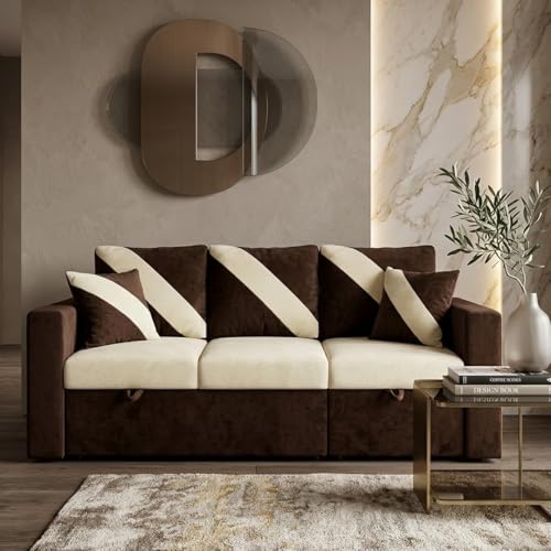 Image of FURNY Trivia 4 Seater RHS Lounger Sofa Cum Bed (Dark Brown - Cream) with Pull-Out Function | Luxury Velvet Suede Finish | Durable Comfort | Ideal for Living Room