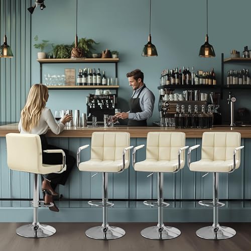 Image of Yaheetech Bar Stools Set of 4, Swivel with Backs, Adjustable Height, Beige