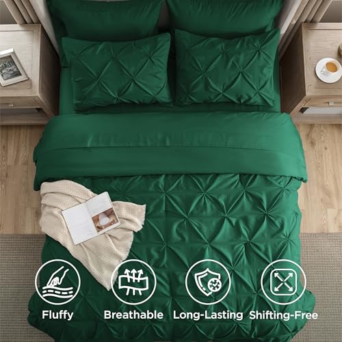 Image of Bedsure Full Comforter Set Dark Green - Bed in a Bag Full Size Bedding Set 7 Pieces, GentleSoft Pintuck Bed Set Gift for Family, All Season Down Alternative Comforter with Sheets, Pillowcases & Shams