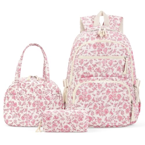 jingyuKJ Mochila Coquette – Lindo conjunto de 3 peças de mochila floral acolchoada com bolsa transversal pequena, rosa, Mochilas Daypack