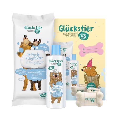 Glückstier Duo Geschenkset | Mit Glückstier Hundeshampoo parfümfrei (250ml) | Hundepflegetücher (60 STK.) | Hundebeutel-Spender (inkl. 15 Beutel) | ohne Parfüm | für Welpen & Sensible Hundenasen