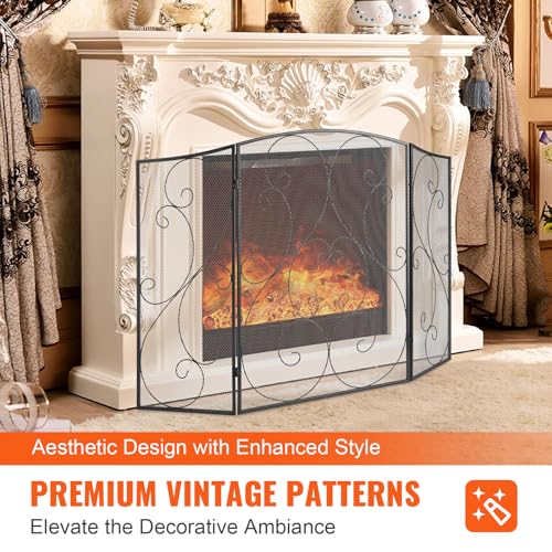 VEVOR Funkenschutzgitter Eisen Kaminschutz 121,92cm Kamingitter Ofengitter Vintage Ofenschutzgitter 0–40°C Kaminschutzgitter Kaminofen Schutzgitter Ofenschirm Gitter gegen Funkenflug 3-teilig