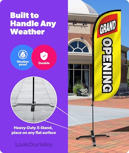 Image of LookOurWay Feather Flag Set - 5ft Tall Advertising Banner Flag with Pole Kit and X-Stand for Business Promotion - Grand Opening Yellow /Red