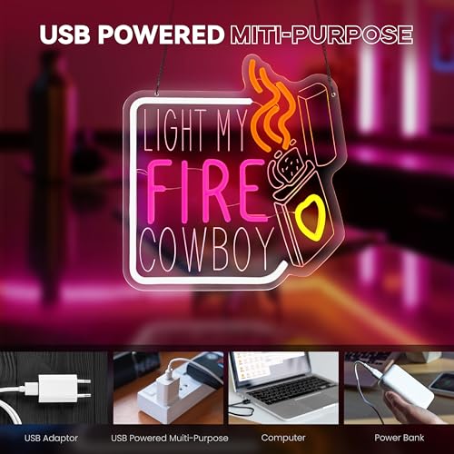 Image of LIGHT MY FIRE COWBOY Neon Sign, Valentine's Day Neon Signs for Wall Decor, Dimmable Acrylic Neon Lights for Room Bedroom Hotel Bar Pub Club Party Decorations, Perfect Gifts