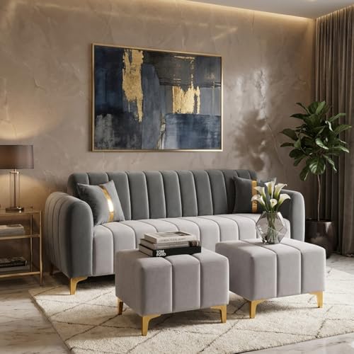 Image of FURNY Harmony 5 Seater L Shape Sofa Set with 2 Movable Ottoman & Golden Legs | Flexible Left or Right Layout | Plush Velvet Fabric (Dark Grey-Light Grey) | Perfect For Living Room, Guest Room & Office