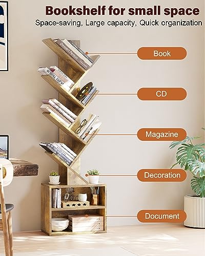 SUNMORY-6-Tier-Tree-Bookshelf-Small-Bookcase-with-Storage-Cabinet-Modern-Tall-Narrow-Bookshelves-Organizer-Floor-Standing-Book-Shelf-for-BedroomLiving-RoomHome-OfficeCorner-Rustic-Brown