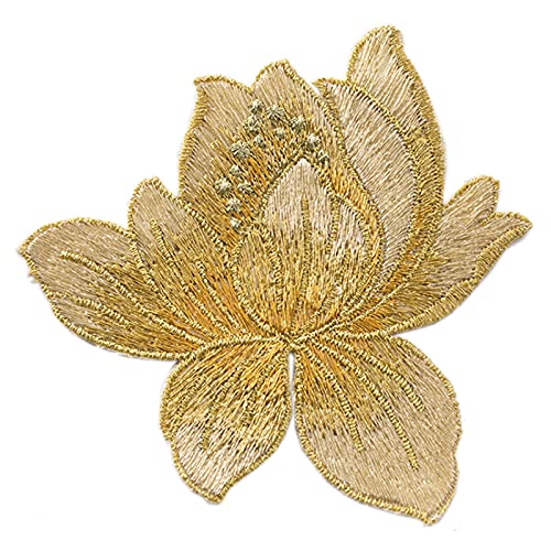 Buddhism Guanyin Iron on Patch Lotus Flower Garden Flowers Applique Embroidered Sew Iron on Patch Jeans Pants Jacket Polo T- Shirt Hat Backpacks Scarf Clothes Craft Accessory (Gold)