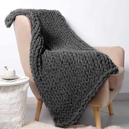 Carriediosa Chunky Knit Throw Blanket Chenille Loop Yarn Handmade Soft Fluffy Throws for Couch Sofa Bed Home Decor Breathable Cozy Heavy Thick Knitted Blanket Washable, 30" X 50" Dark Grey