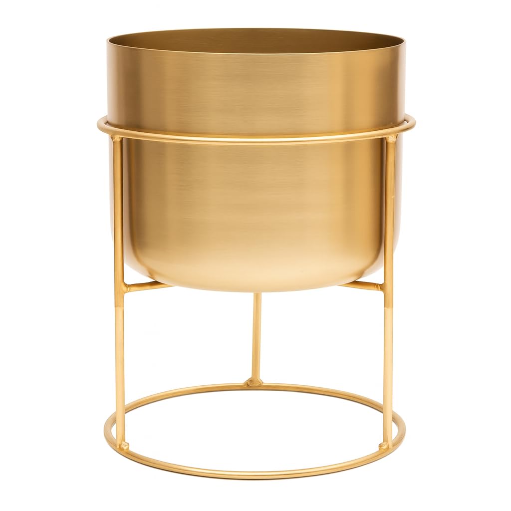 Olly & Rose Brushed Gold Metal Plant Pot with Gold Painted Stand – XL 35cm | Large Indoor Planter Contemporary Design | Decorative Metal Plant Pot & Stand