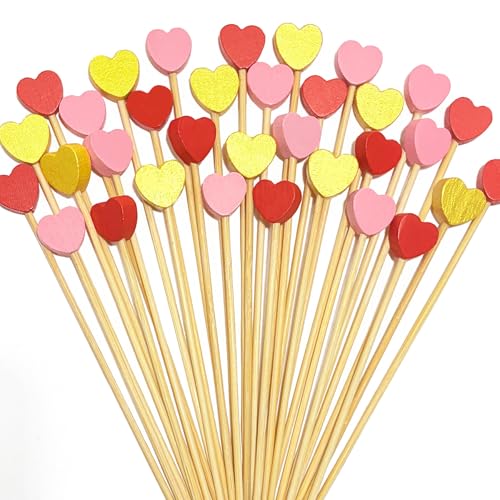 100 PCS Gold Red Pink Heart Cocktail Toothpicks for Appetizers