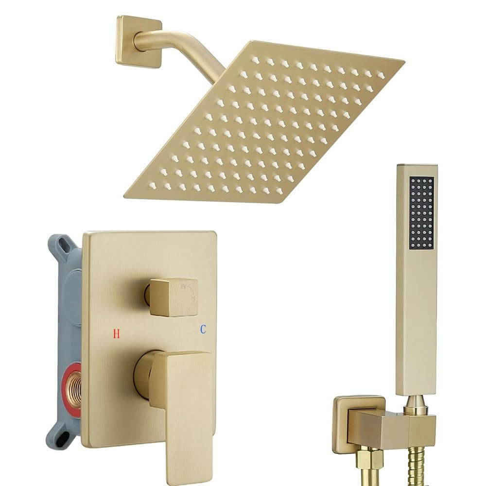 Ensemble de douche doré brossé haut de gamme avec valve robuste et pommeau de douche 20,3 cm