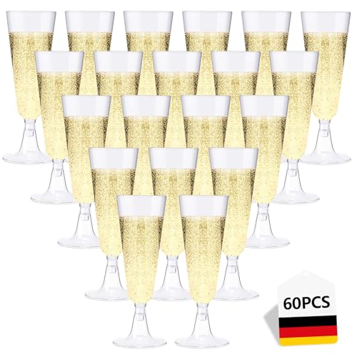 Lutranstra 60 Pezzi Flute,160ml Bicchieri Da Champagne,Calici Natalizi, Calice Riutilizzabili Trasparente Calici In Plastica,Calici Vino Per Feste, Matrimoni, Compleanni (60)