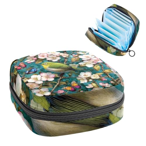Green Bird and Colored Butterflies on Floral Branches Sanitary Napkin Storage Bag, Large Menstrual Cup Pouch with Zipper, Period Pads Bag Store Panty Liners Tampons for Girls Women