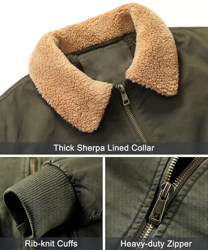 Image of LOUECHY Men's Washed Cotton Military Jacket Sherpa Lined Utility Jacket Thick Warm Winter Jacket