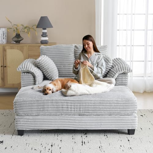 VINGLI 56" Oversized Chaise Lounge Chair, Light Grey Comfy Corduroy Chaise Sofa Recliner Bed Upholstered Sleeper Couch Bed with Throw Pillows and Armrests for Living Room, Movie Room, Bedroom