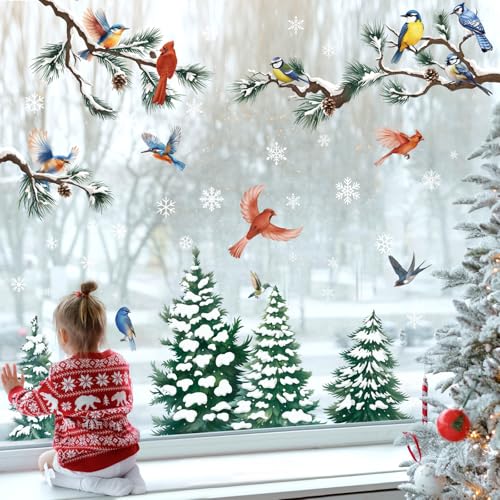 Weihnachtsdeko Wohnzimmer Fenster 5 SHUCHING Fensterbilder Weihnachten Kiefernnadel Vögel, Fensterdeko...