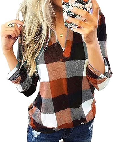 Chemisier Sexy à Carreaux pour Femme - Col Montant - Manches Longues, Orange 1, XL Cover