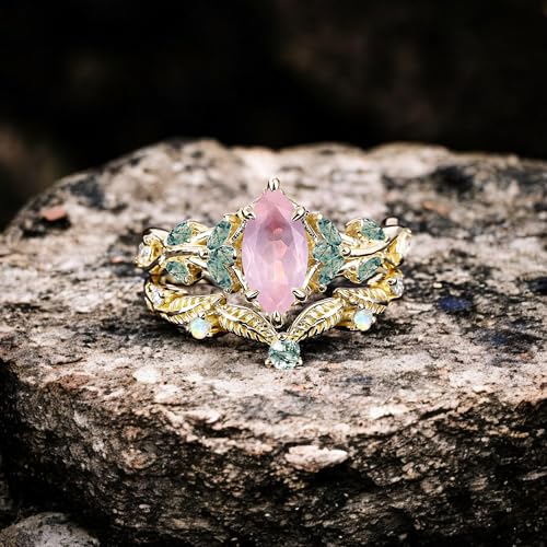 Rose Gold Vintage Leaf Ring Set with Pink Rose Quartz & Green Crystals, Nature-Inspired Bridal Engagement Ring, Boho Statement Jewelry for Women, Birthday Gift4