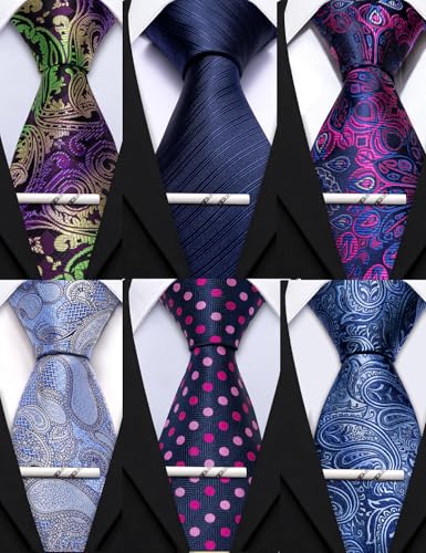 Image of Barry.Wang Mens 6 PCS Ties Silk Striped Paisley Check Floral Necktie Silky Woven Wedding Business Party Ties 3.34 inch