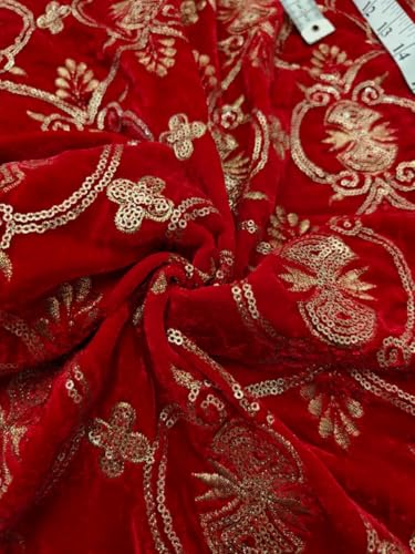 Tissu micro velours rouge paillettes dorées 111cm pour couture créative