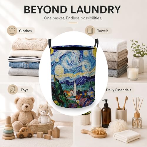 Image of Starry Night Laundry Basket Oxford Cloth Village Laundry Hamper With Handle Foldable Portable Clothes Storage Basket Storage Bag For Laundry Room /Bathroom /Bedroom /Dormitory 20.8 inchx16 inch