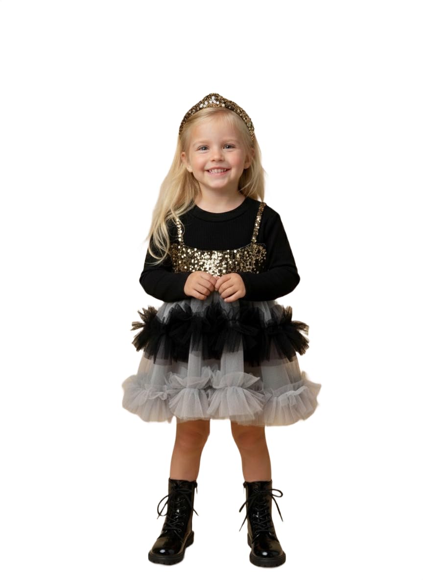 Girls Sequin Party Dress | Shimmer Sequin Bodice with Layered Tulle Flared Skirt | Soft Elegant Occasion Wear Outfit for Kids